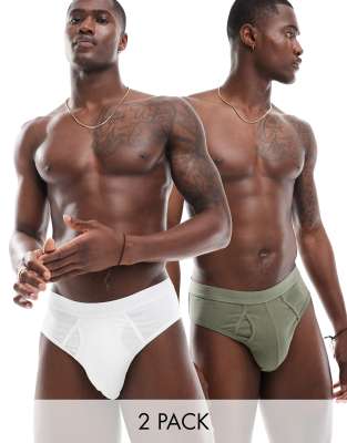 Asos Design 2-pack Briefs In White And Khaki-multi