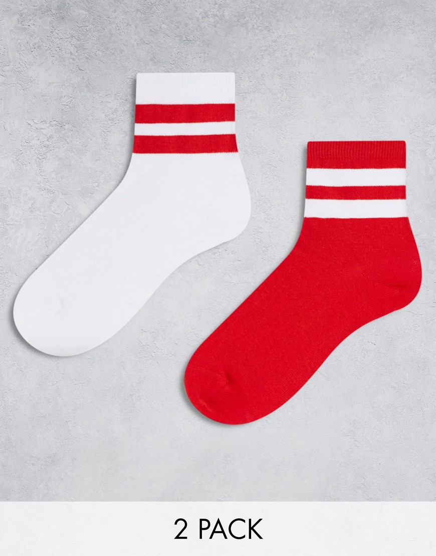 ASOS DESIGN 2 pack bright stripe sports socks in red-Multi