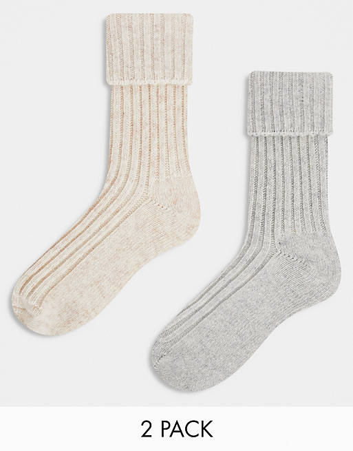 ASOS DESIGN 2 pack wool mix calf length lounge socks in neutral tones