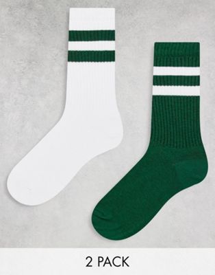 ASOS DESIGN 2 pack rib socks with stripes in green and white