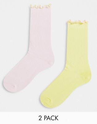 ASOS DESIGN 2 pack socks with frill top in yellow and pink