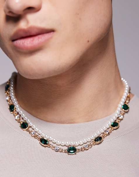ASOS DESIGN 2 pack chain and faux pearl necklace with faux emerald crystals in gold tone - view 1