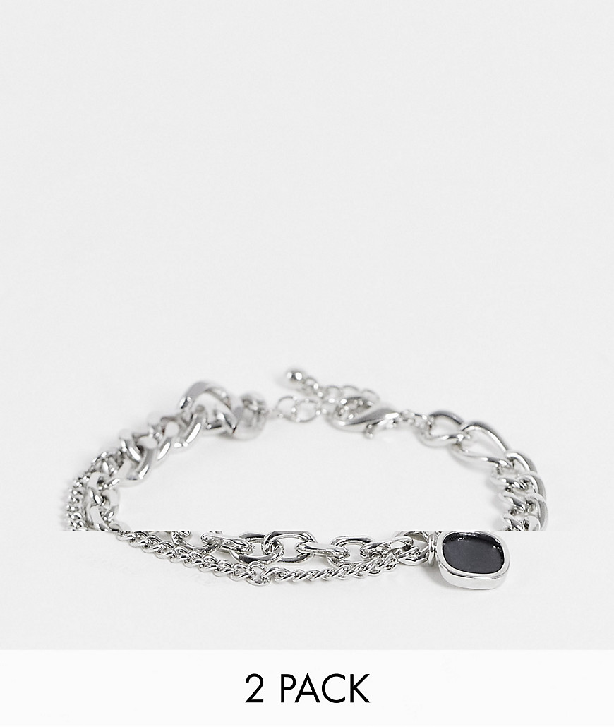ASOS DESIGN 2 pack chain bracelet set with black agate stone charm in silver tone