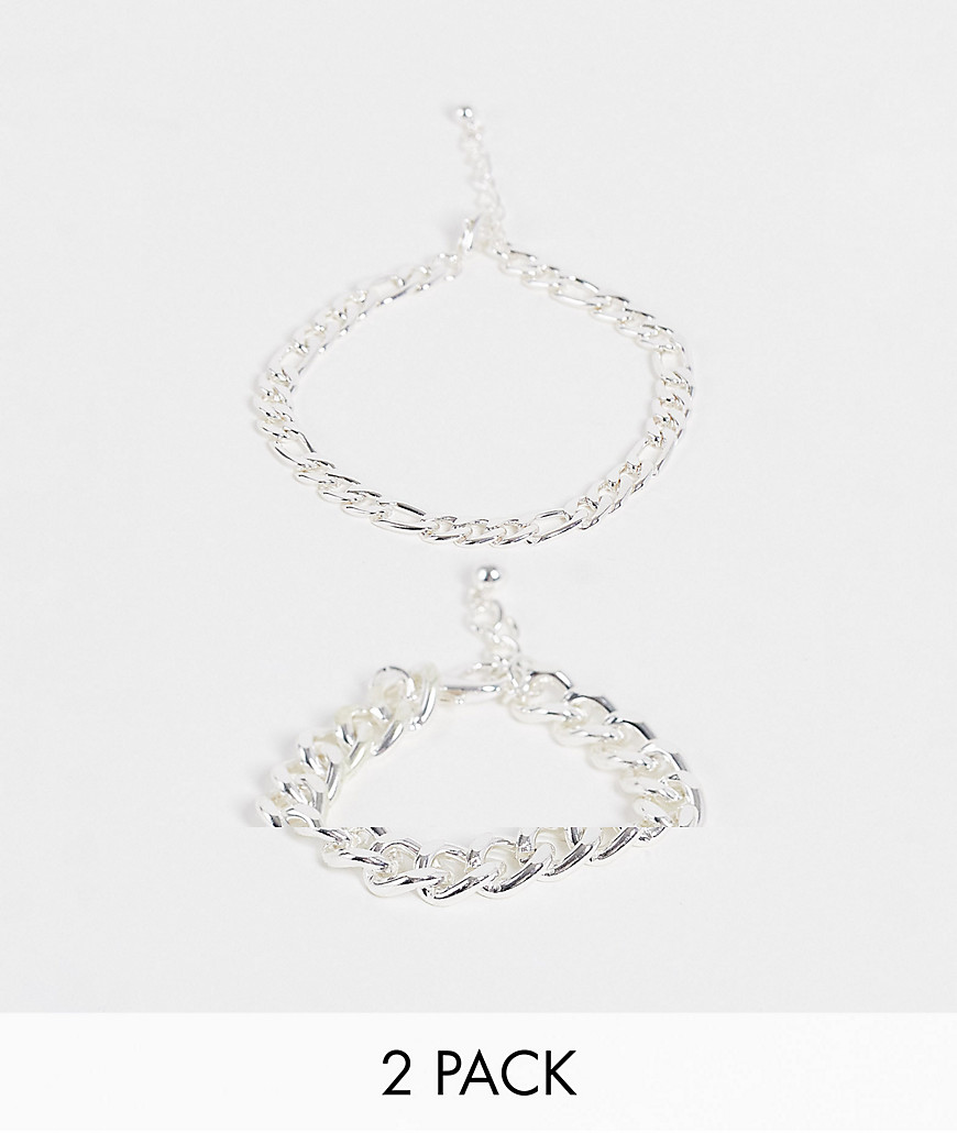 ASOS DESIGN 2 pack chain bracelet with curb and figaro chains in silver tone