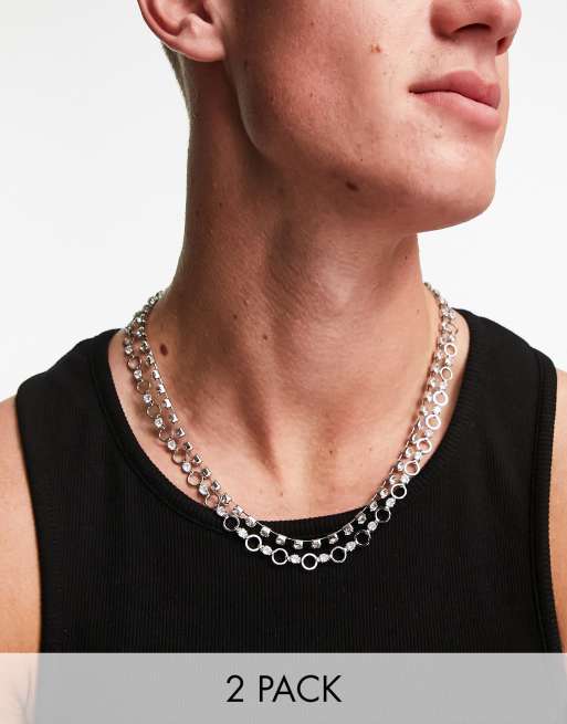 ASOS DESIGN 2-pack chain necklaces with clear crystal cup chain in silver tone 