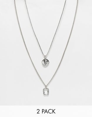 2-pack chain necklaces with molten pendants in silver tone