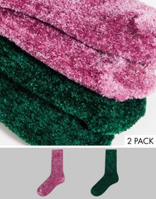 ASOS DESIGN 2 pack chenille fluffy lounge socks in mauve and green