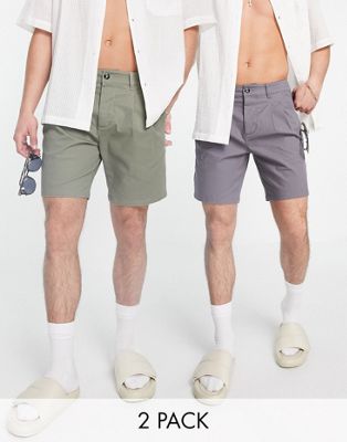 Asos Design 2 Pack Chino Cigarette Shorts In Khaki And Charcoal Save-multi