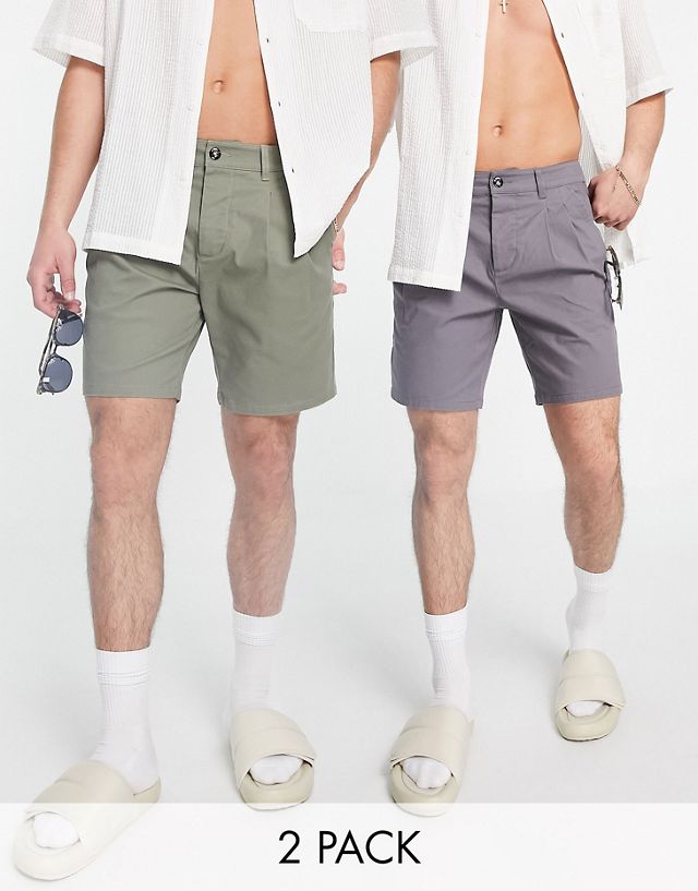 ASOS DESIGN 2 pack chino cigarette shorts in khaki and charcoal save