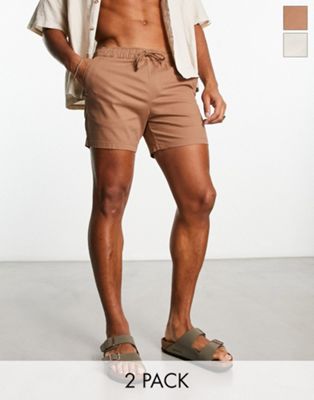 ASOS DESIGN 2 pack chino shorts in shorter length in brown and ecru