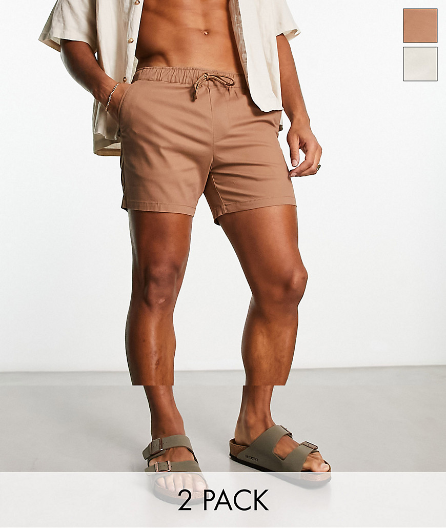 ASOS DESIGN 2 pack chino shorts in shorter length in brown and ecru-Multi