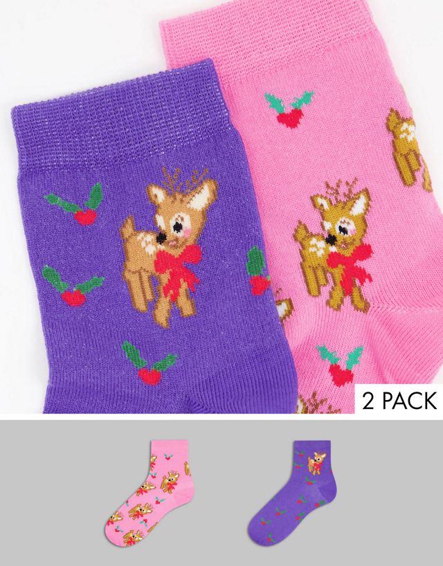 ASOS DESIGN 2 pack Christmas ankle socks in deer print in multi