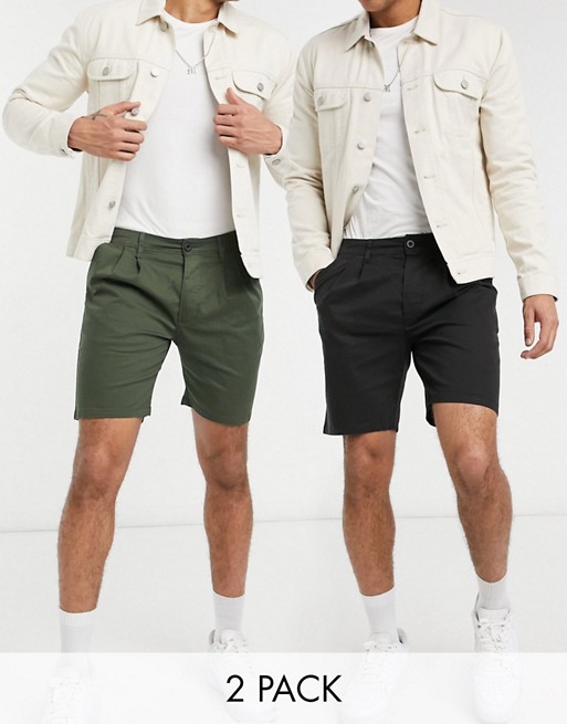 ASOS DESIGN 2 pack cigarette chino shorts in black and dark green save