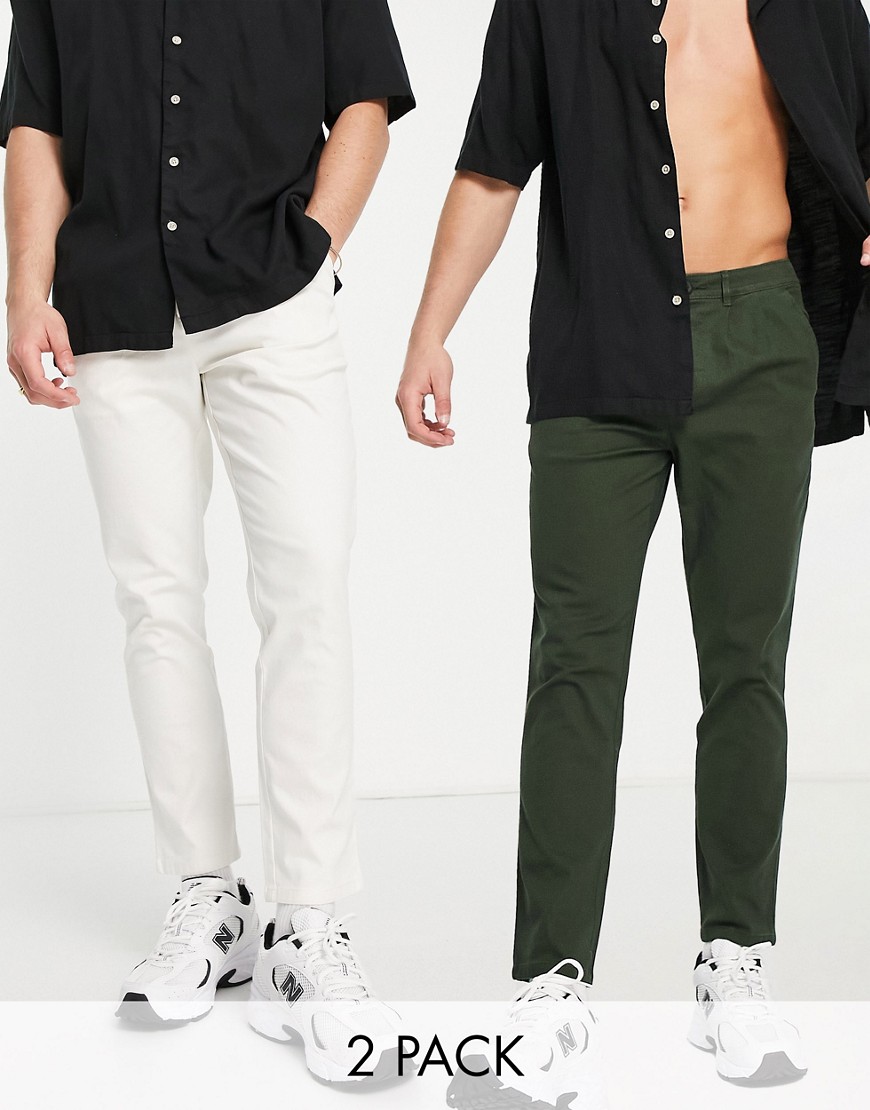 ASOS DESIGN 2 pack cigarette chinos in off white and khaki save-Multi