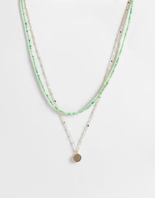 Asos Design 2 Pack Coin And Beaded Necklace In Green