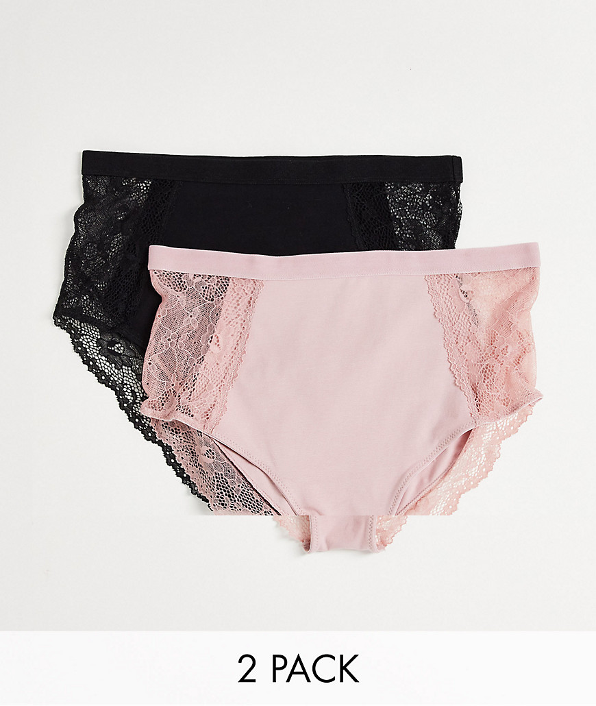 ASOS DESIGN 2 pack cotton high waist brief with lace inserts in black & pink-Multi