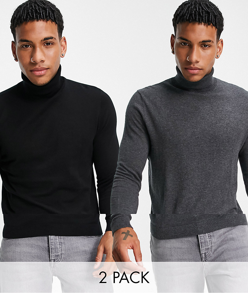 ASOS DESIGN 2 pack cotton roll neck sweater in black & charcoal-Multi