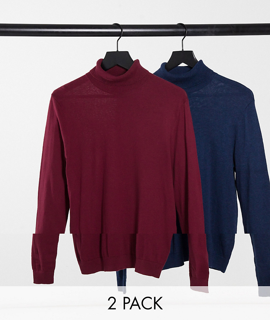 ASOS DESIGN 2 pack cotton roll neck sweater in navy & burgundy SAVE-Multi