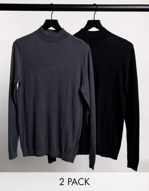 ASOS DESIGN 2 pack cotton turtle neck jumper in charcoal & light grey SAVE - MULTI