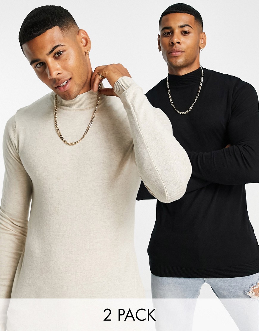 ASOS DESIGN 2 pack cotton turtle neck sweater in black & oatmeal SAVE-Multi