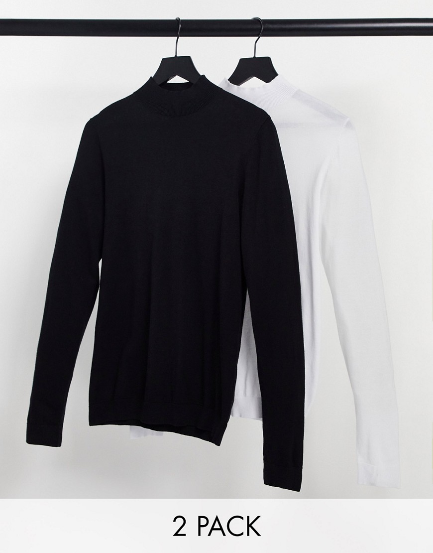 ASOS DESIGN 2 pack cotton turtleneck sweater in black & white-Multi