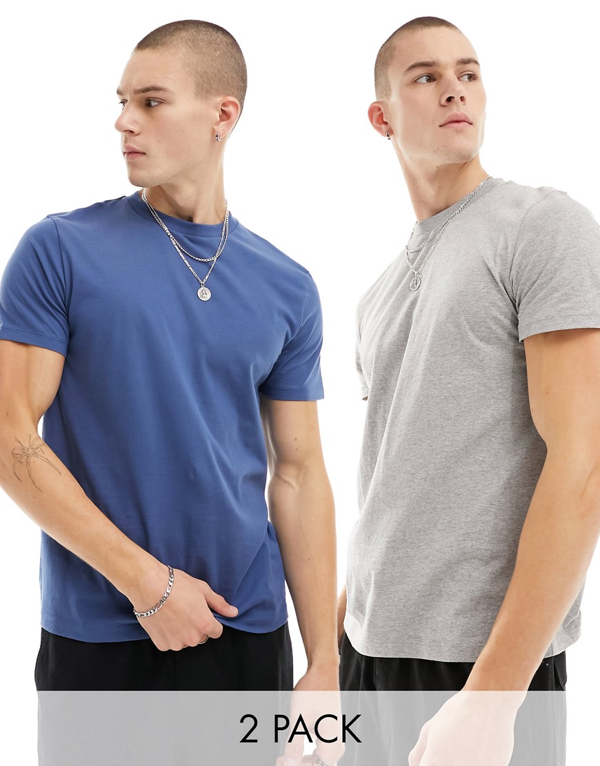 ASOS DESIGN 2 pack crew neck short sleeved t-shirts in blue and grey marl-Multi