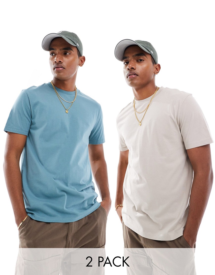 ASOS DESIGN 2 pack crew neck t-shirts in beige and blue-Multi