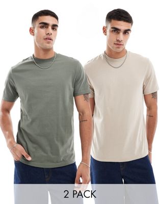 2 pack crew neck T-shirts in beige and khaki-Multi