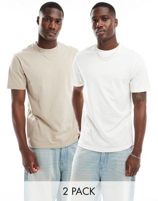 2 pack crew neck T-shirts in cream and beige-Multi