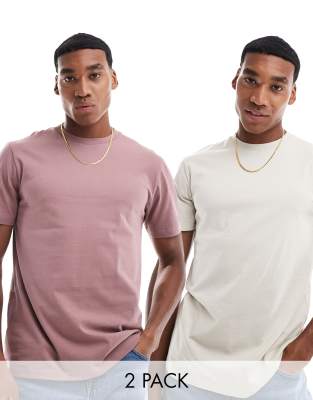 2 pack crew neck t-shirts in stone and pink-Multi