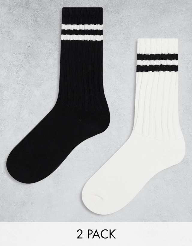 ASOS DESIGN - 2 pack crew slouch stripe socks in black and white