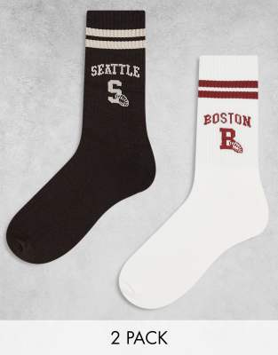 Asos Design 2 Pack Crew Socks With Boston And Seattle Graphics In Ecru And Brown-multi