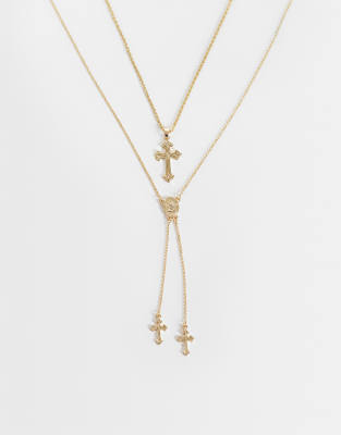 Asos Design 2 Pack Cupid And Cross Double Chain Pendant Necklace In Gold