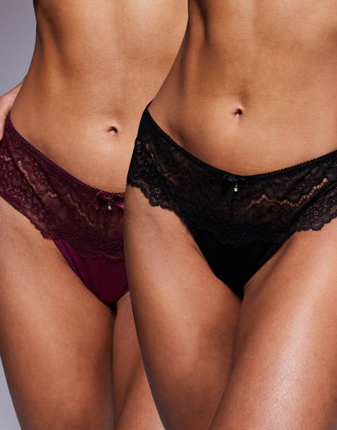 ASOS DESIGN 2 pack deep lace lingerie thong in black & burgundy - view 1