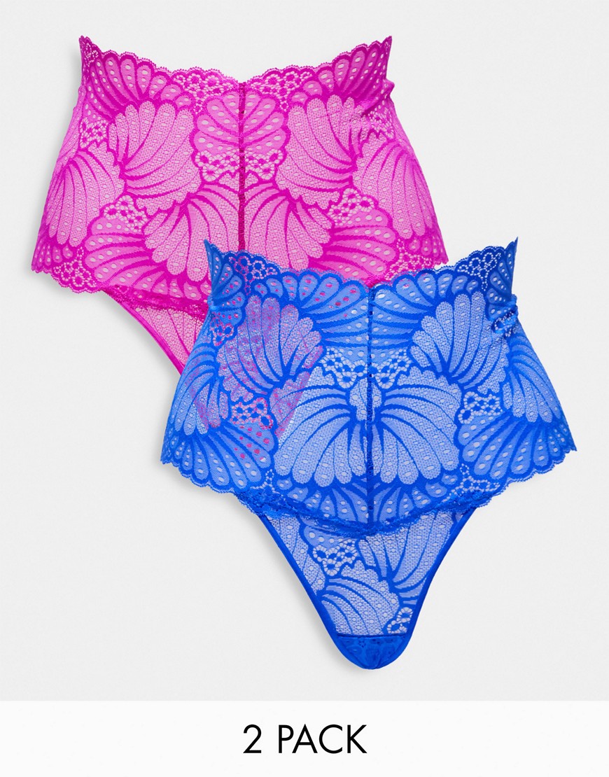 Asos Design 2 Pack Deep Waist Lace Thong Pack In Cerise & Blue-multi