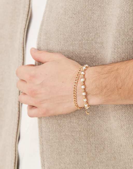 ASOS DESIGN 2 pack encased pearl and chain bracelet in gold tone