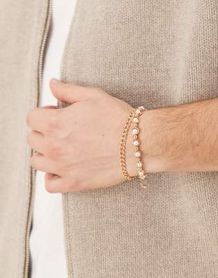 ASOS DESIGN ASOS DESIGN 2 pack encased pearl and chain bracelet in gold