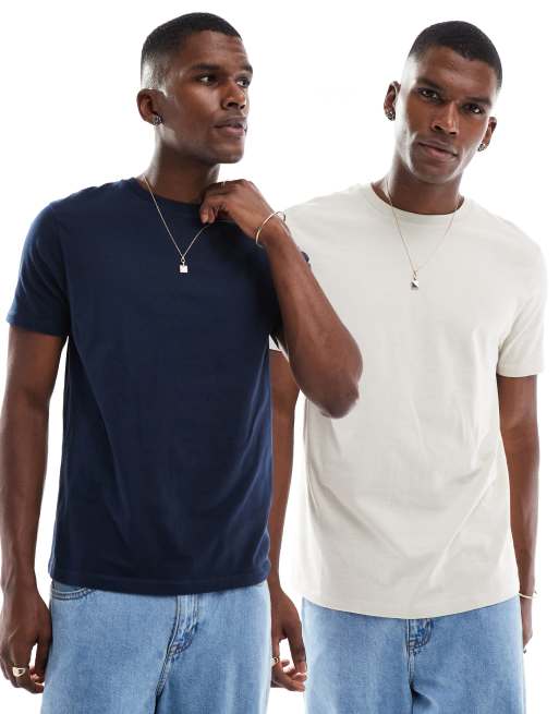 ASOS DESIGN 2-pack essential crew neck T-shirts in navy and stone   
