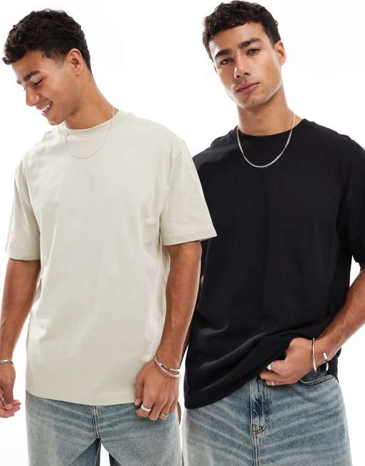 ASOS DESIGN 2 pack essential relaxed t-shirt in black & stone