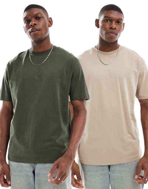 ASOS DESIGN 2 pack essential relaxed t-shirt in green and stone - view 1