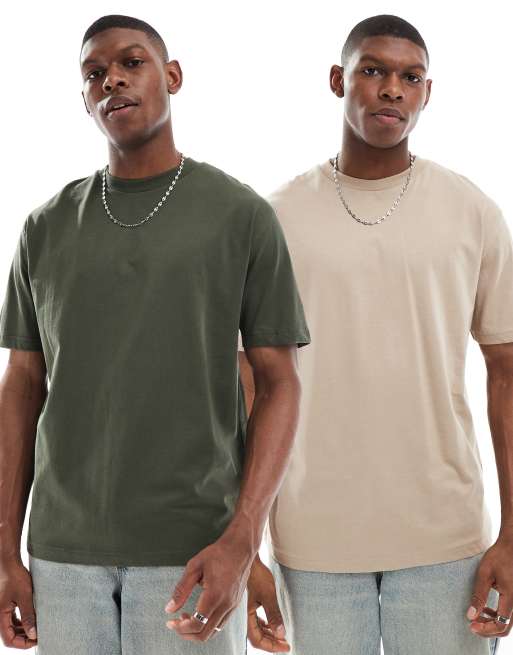 ASOS DESIGN 2 pack essential relaxed t-shirt in green and stone