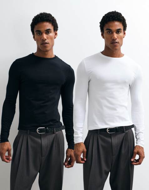 ASOS DESIGN 2-pack Essentials T-shirt z długim rękawem o kroju podkreślającym sylwetkę w czerni i bieli - view 1