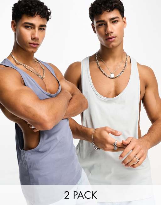ASOS DESIGN 2 pack extreme racer back singlet in light and mid blue