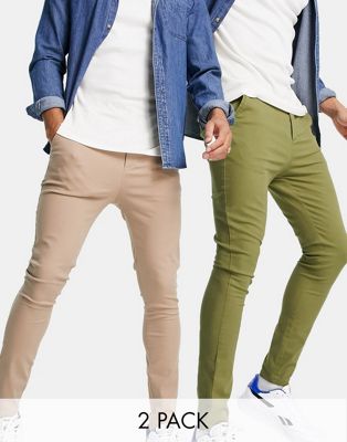 ASOS DESIGN 2 pack extreme super skinny chinos in khaki and beige save - MULTI - ASOS Price Checker