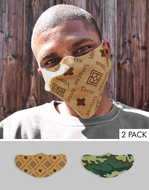 ASOS DESIGN 2 pack face covering in camouflage and monogram prints