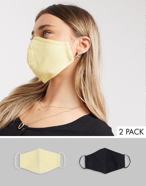 ASOS DESIGN 2 pack face covering in lemon and black linen