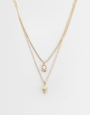 Asos Design 2 Pack Faux Pearl And Conch Shell Pendant Necklace In Gold