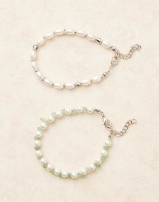 Asos Design 2 Pack Faux Pearl And Jade Chip Bracelet In White