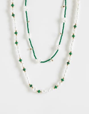 Колье ASOS DESIGN из 2 упаковок с искусственным жемчугом и стразами зеленого цвета