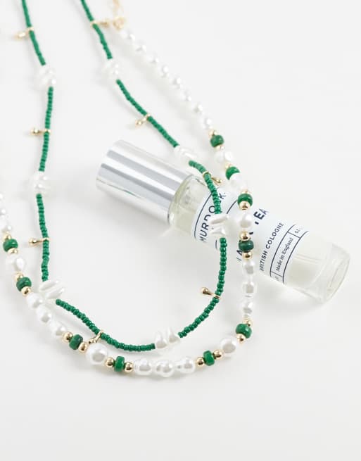 ASOS DESIGN 2 pack faux pearl and seedbead necklace in green, 2 of 4